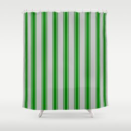 [ Thumbnail: Grey and Green Colored Stripes Pattern Shower Curtain ]