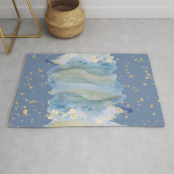 Watercolor gold glitter splatters sky blue brush strokes  Rug