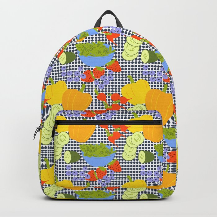Retro Kitchen Fruits And Vegetables Navy Blue Dots Backpack
