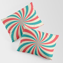 Retro background with curved, rays or stripes in the center. Rotating, spiral stripes. Sunburst or sun burst retro background. Turquoise and red colors. Vintage illustration Pillow Sham