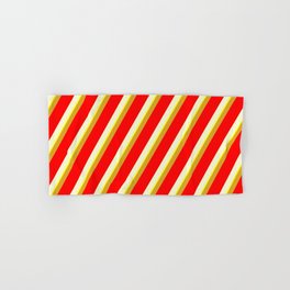 [ Thumbnail: Goldenrod, Red, Light Yellow & Yellow Colored Striped/Lined Pattern Hand & Bath Towel ]