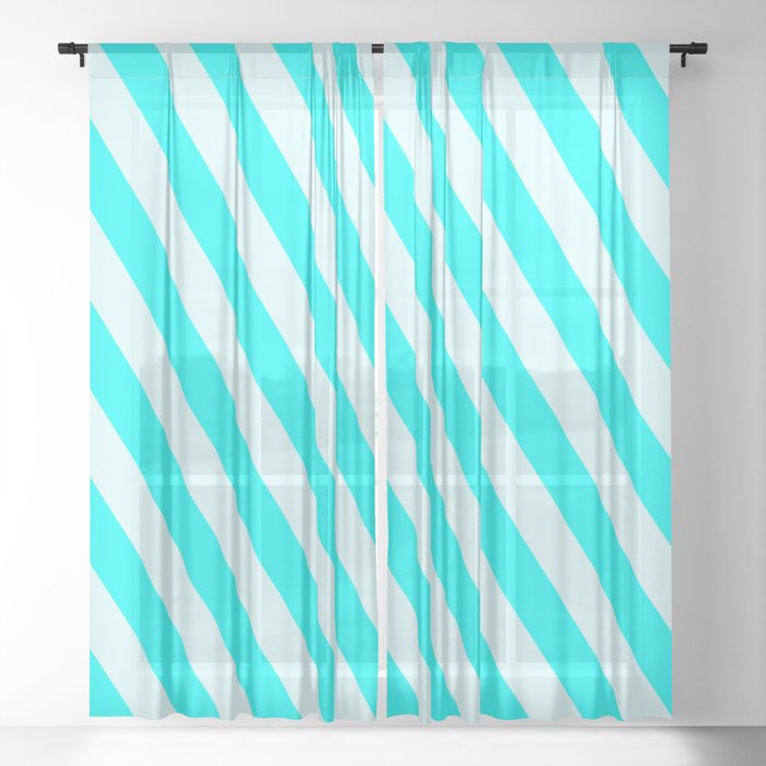 Cyan & Light Cyan Colored Stripes Pattern Sheer Curtain