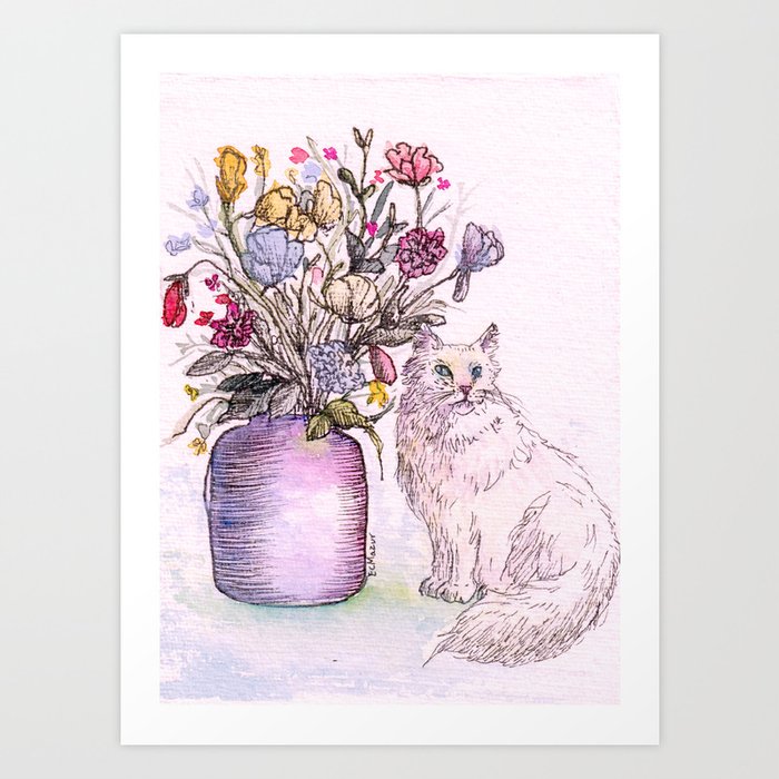 White Cat Under the Flowers Art Print