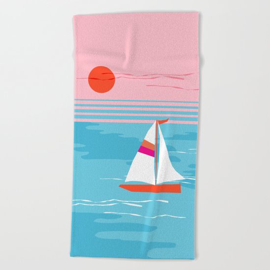 Mellow Out - memphis throwback retro classic neon yacht boating sailboat ocean sea 1980s 80s pop art Beach Towel
