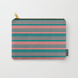 [ Thumbnail: Light Coral and Teal Colored Lined Pattern Carry-All Pouch ]