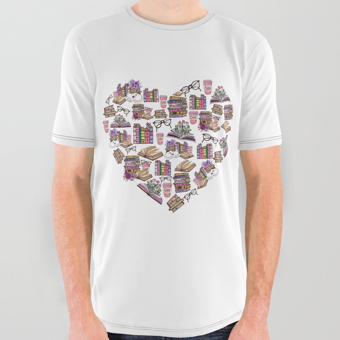 Love Books Pretty Floral Girly Heart All Over Graphic Tee
