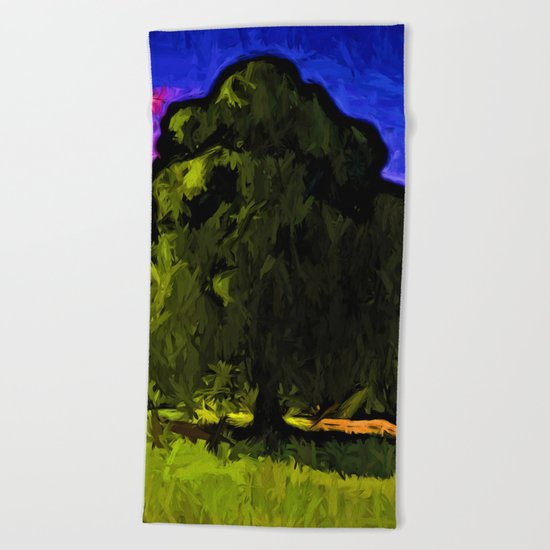 Green Tree with a Pink and Blue Sky Beach Towel