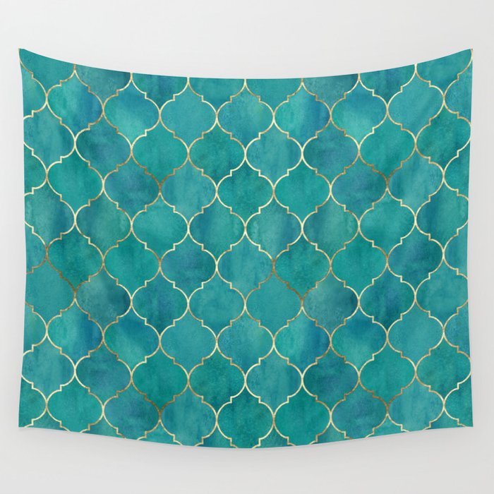 Turquoise Teal Golden Moroccan Quatrefoil Pattern Wall Tapestry