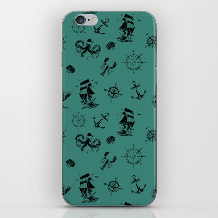 Green Blue And Black Silhouettes Of Vintage Nautical Pattern iPhone Skin