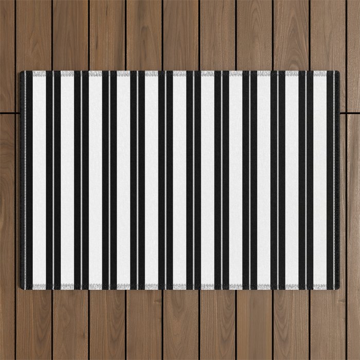 White and Jet Black Cabana Beach Dash Stripes Outdoor Rug