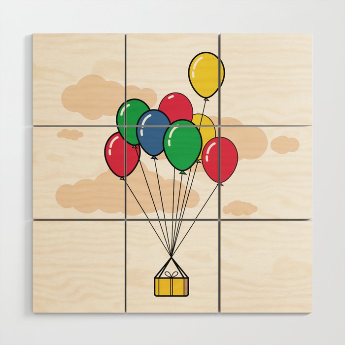Gift box tied to balloons floating in the sky Wood Wall Art
