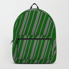 [ Thumbnail: Gray and Dark Green Colored Lined Pattern Backpack ]