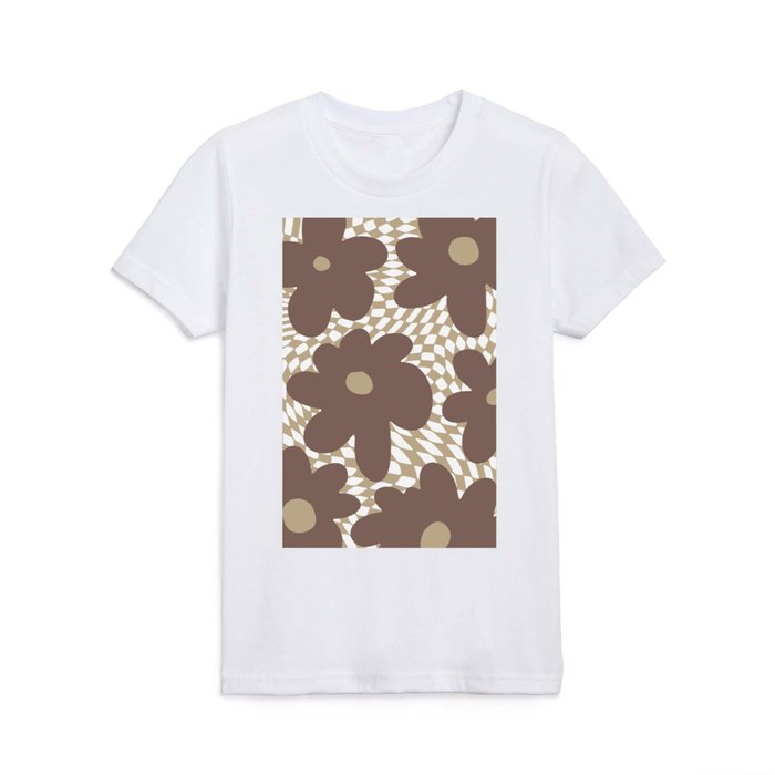 Retro Flowers on Warped Checkerboard \\ Cocoa Mocca Color Palette Kids T Shirt