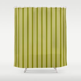 [ Thumbnail: Green and Dark Khaki Colored Pattern of Stripes Shower Curtain ]