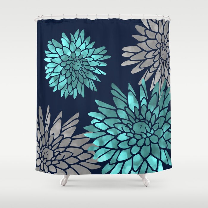 Floral Chrysanthemum Modern Navy Aqua Shower Curtain