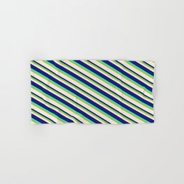 [ Thumbnail: Green, Beige, Midnight Blue & Turquoise Colored Lined/Striped Pattern Hand & Bath Towel ]