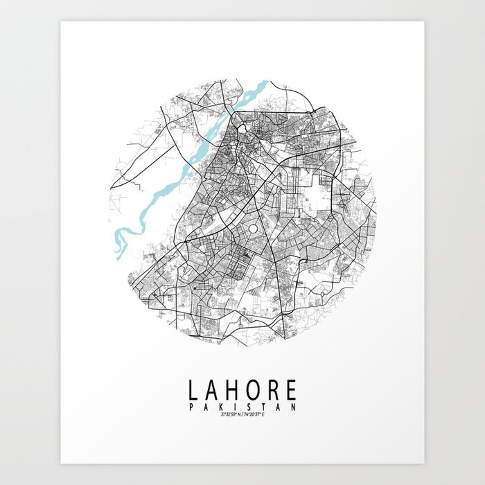 Lahore City Map of Punjab, Pakistan - Circle Art Print