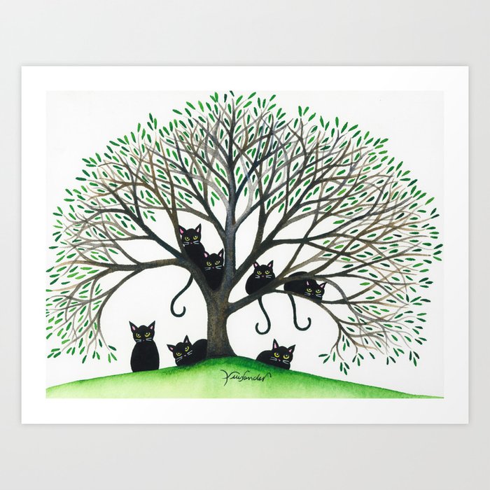 Borders Whimsical Cats in Tree Art Print