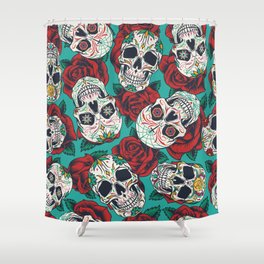 Mexican Day of Dead seamless pattern with colorful calaveras on rose flowers background in vintage style Vintage illustration Shower Curtain