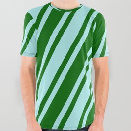 [ Thumbnail: Dark Green & Turquoise Colored Lined Pattern All Over Graphic Tee ]
