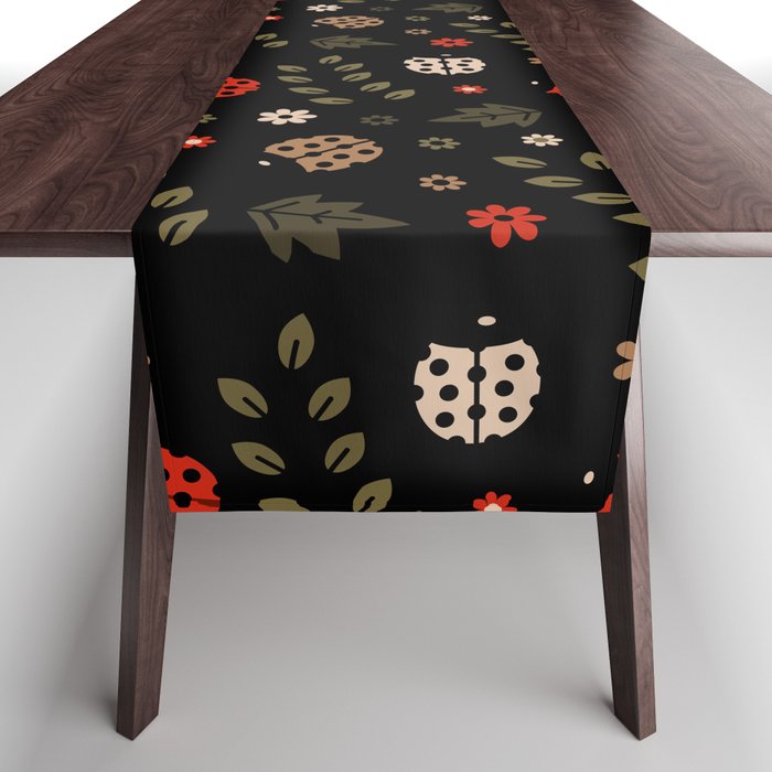 Ladybug and Floral Seamless Pattern on Black Background  Table Runner