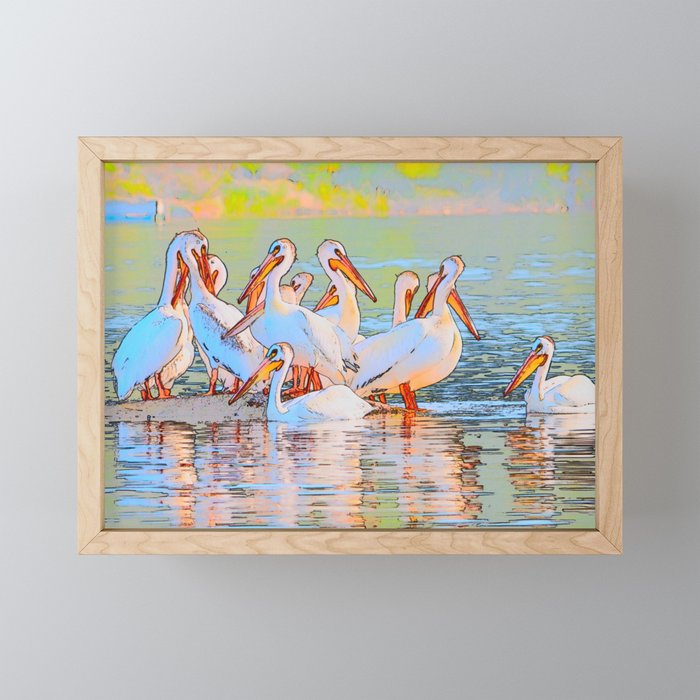 White Pelicans Framed Mini Art Print
