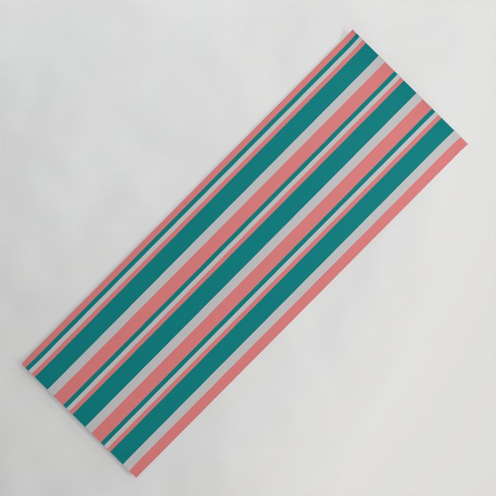 Light Coral, Teal, and Light Grey Colored Lined/Striped Pattern Yoga Mat