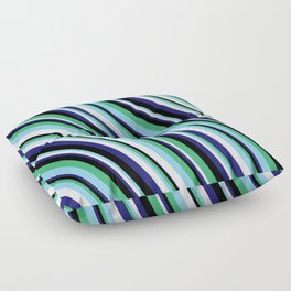 [ Thumbnail: Eye-catching Sea Green, Light Sky Blue, Mint Cream, Midnight Blue, and Black Colored Lined Pattern Floor Pillow ]