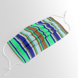 [ Thumbnail: Dark Blue, Green, Brown, and Powder Blue Colored Lines/Stripes Pattern Face Mask ]