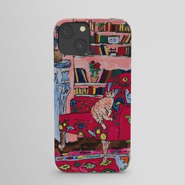 Ginger Cat in Embroidered Red Armchair with Staffordshire Spaniel in Book-Lined Room Interior Painting iPhone Case