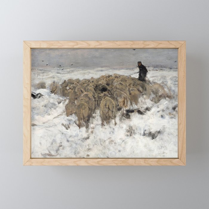 Flock of sheep with shepherd in the snow by Anton Mauve Framed Mini Art Print