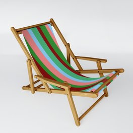 [ Thumbnail: Eyecatching Light Sky Blue, Light Coral, Forest Green, Maroon & Sea Green Colored Striped Pattern Sling Chair ]