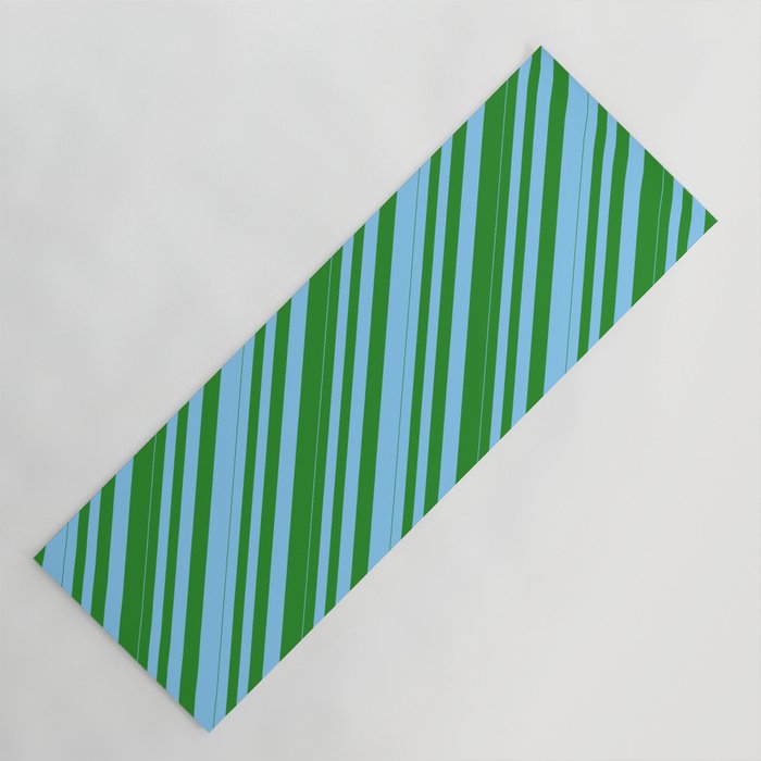 Light Sky Blue and Forest Green Colored Lines/Stripes Pattern Yoga Mat