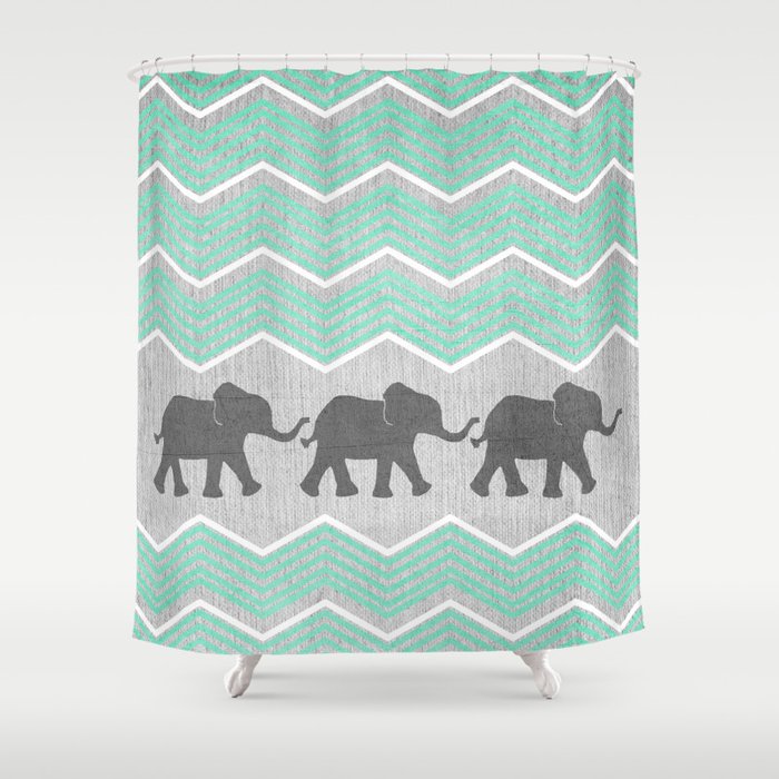 Three Elephants - Teal and White Chevron on Grey Shower Curtain
