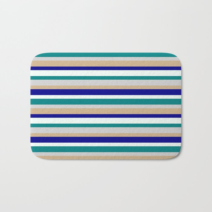 Colorful Teal, Light Gray, Tan, Dark Blue, and Mint Cream Colored Striped/Lined Pattern Bath Mat