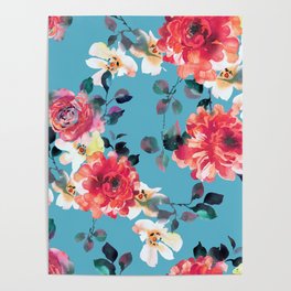 LARGE ROSES ON A BLUE Poster | Opulent, Luxury, Watercolor, Acrylic, Pattern, Feminine, Florals, Flowers, Large, Painting 