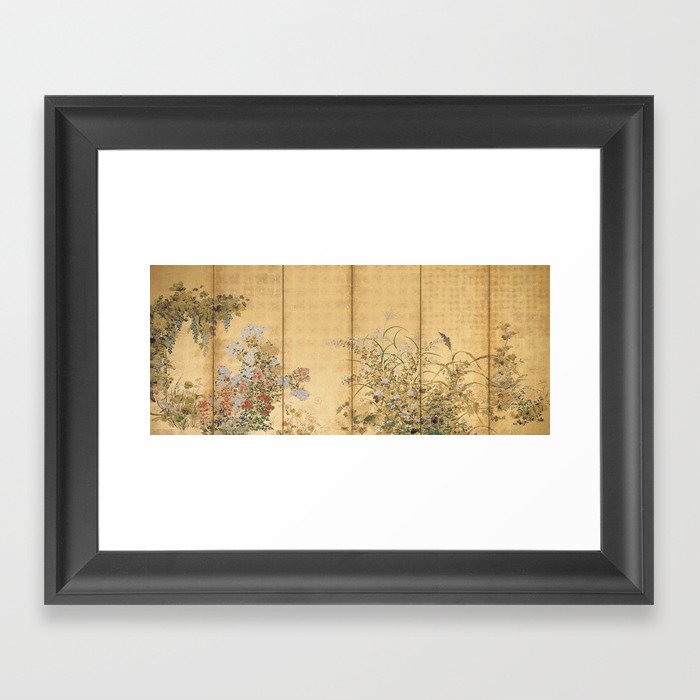 Japanese Edo Period Six-Panel Gold Leaf Screen - Spring and Autumn Flowers Framed Art Print