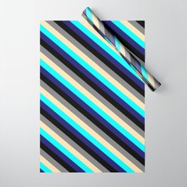 [ Thumbnail: Vibrant Grey, Beige, Aqua, Midnight Blue & Black Colored Lines Pattern Wrapping Paper ]