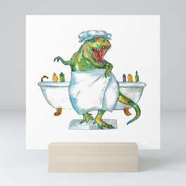 T-rex taking bath dinosaur painting Mini Art Print