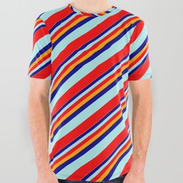 [ Thumbnail: Orange, Dark Blue, Turquoise, and Red Colored Stripes Pattern All Over Graphic Tee ]