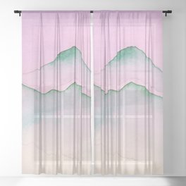 Green Top Mountain Range With Pink Sky Sheer Curtain