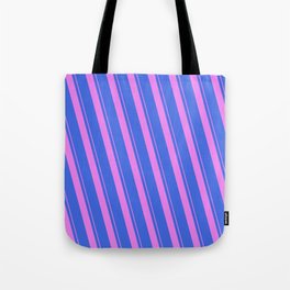 [ Thumbnail: Violet and Royal Blue Colored Lines Pattern Tote Bag ]