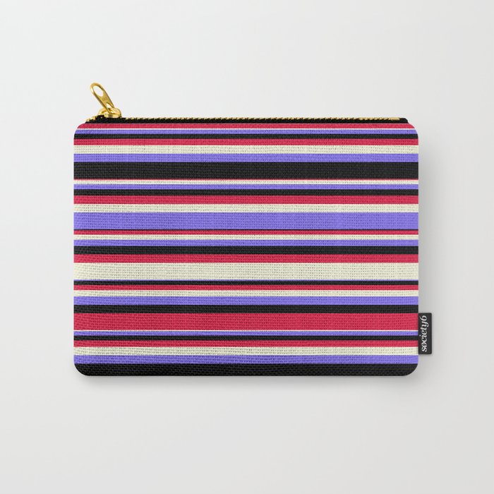 Beige, Medium Slate Blue, Black, and Crimson Colored Pattern of Stripes Carry-All Pouch
