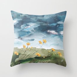 Dancing Sunshine Throw Pillow | Sky, Blue, Abstract, Green, Dreamy, Yellow, Meadow, Grass, Floral, Pastoral 