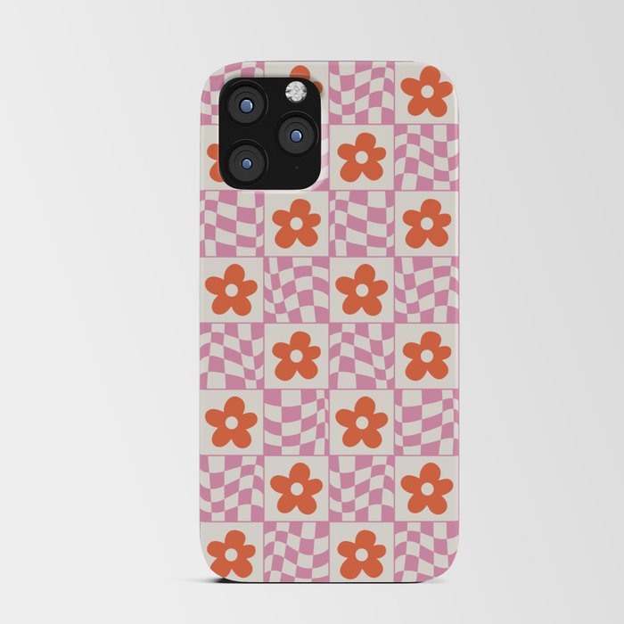Orange Flower Pink & White Warped Double Checker iPhone Card Case