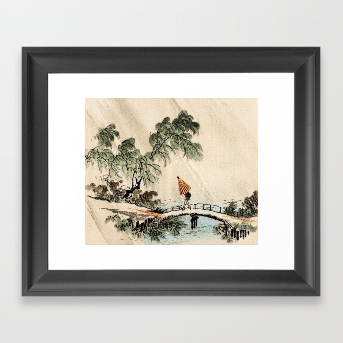 Man Crossing A Bridge Traditional Japanese Landscape Framed Art Print