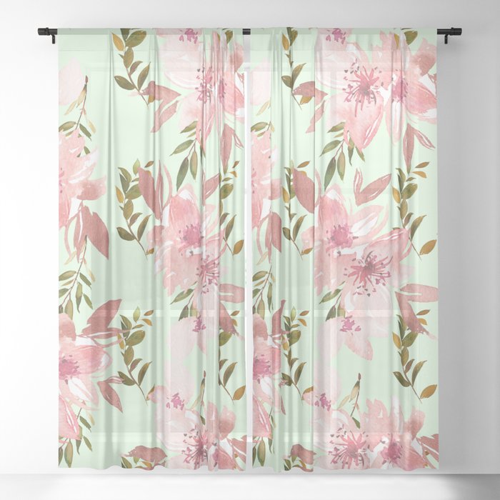 Modern botanical mint green pink watercolor floral Sheer Curtain