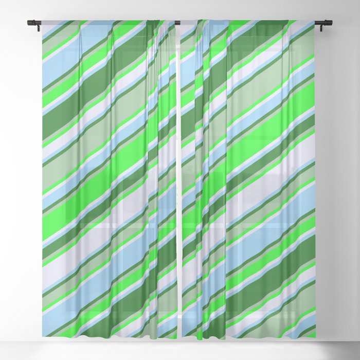 Eye-catching Dark Sea Green, Lime, Lavender, Light Sky Blue, and Dark Green Colored Stripes Pattern Sheer Curtain