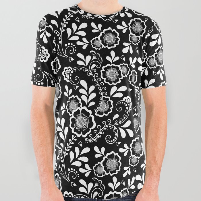 Black And White Eastern Floral Pattern All Over Graphic Tee