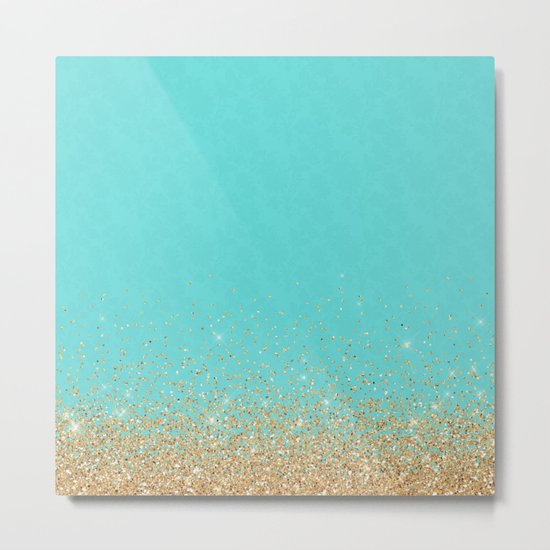 Sparkling gold glitter confetti on aqua teal damask background Metal Print